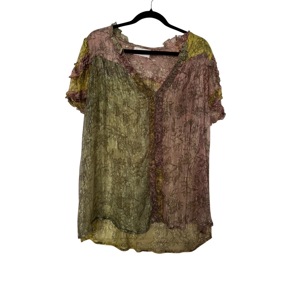 Miss June Paris Metallic Floral Ruffle Blouse Green Mauve Boho Sheer Top Light